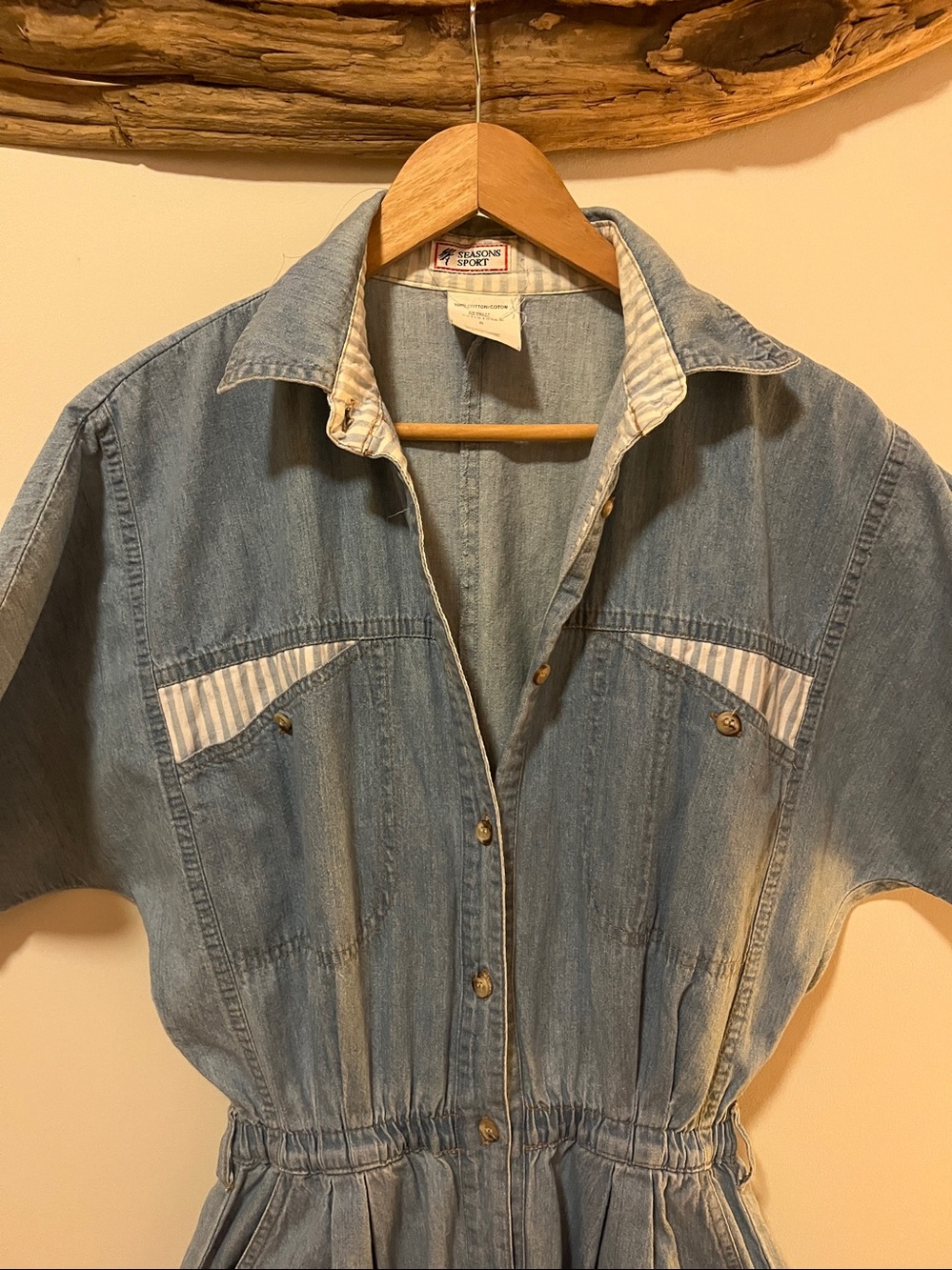 Vintage Light Blue Denim Jumpsuit with Striped Pocket Accents - Picture 4 of 7